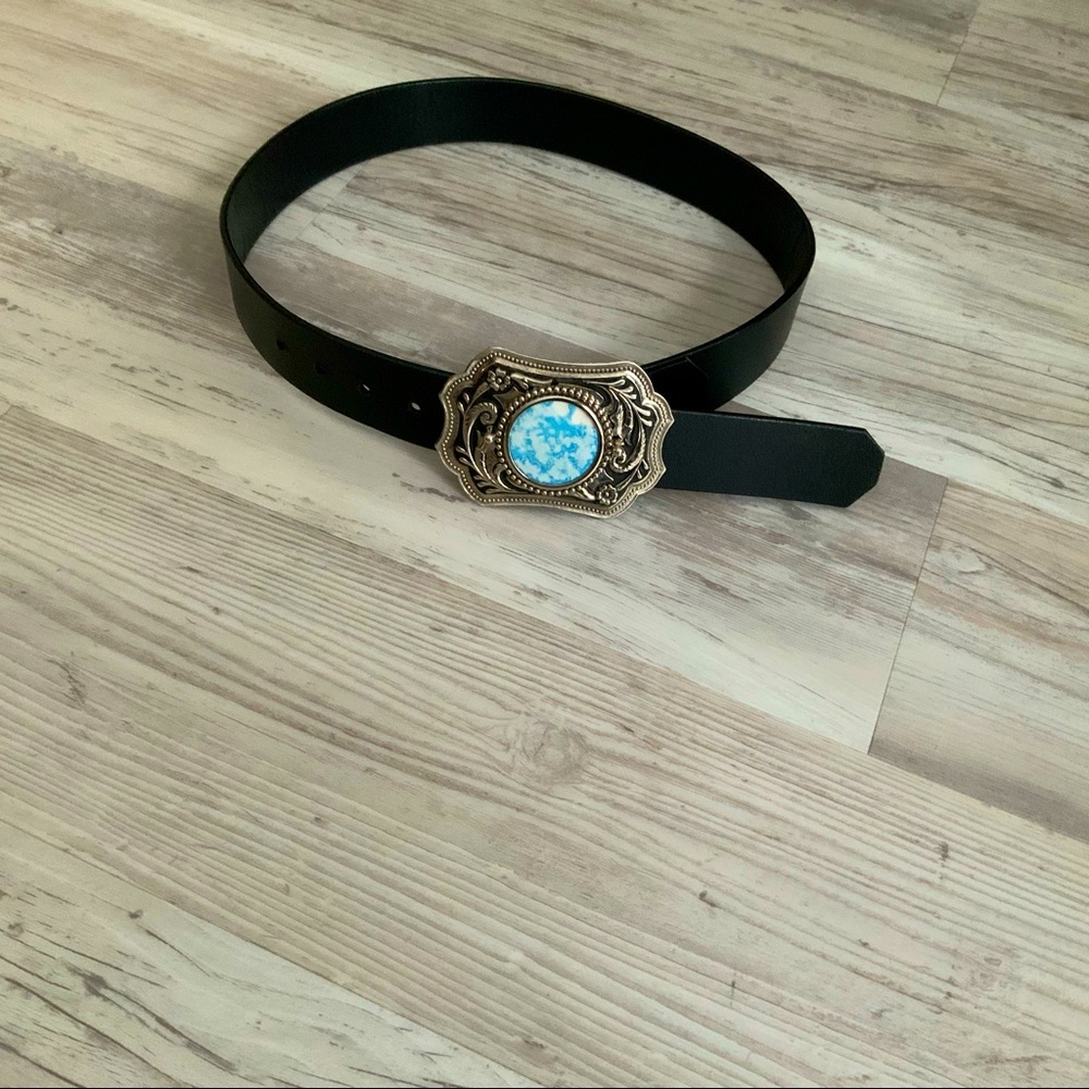 Womens Black Leather Belt Silver Buckle/Turquoise